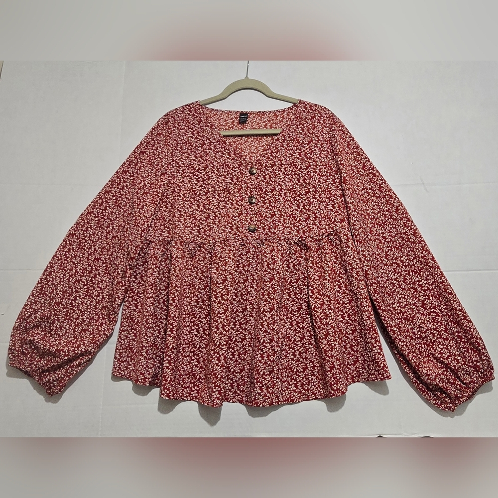 Shein Womens Blouse Red and White Floral Size Large VNeck Peasant Sleeve
